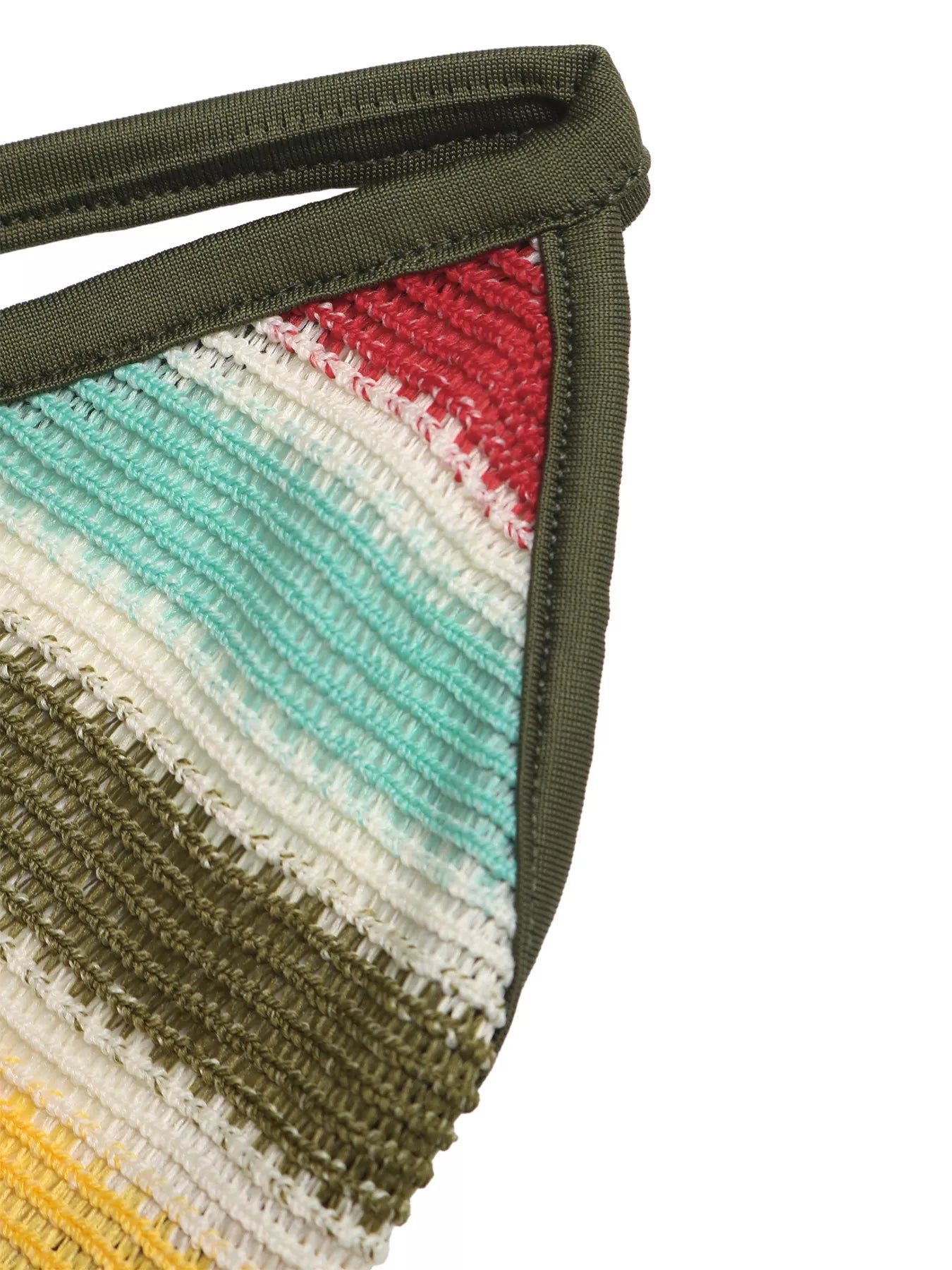 Close detail view of striped knit fabric and army green strap stitching
