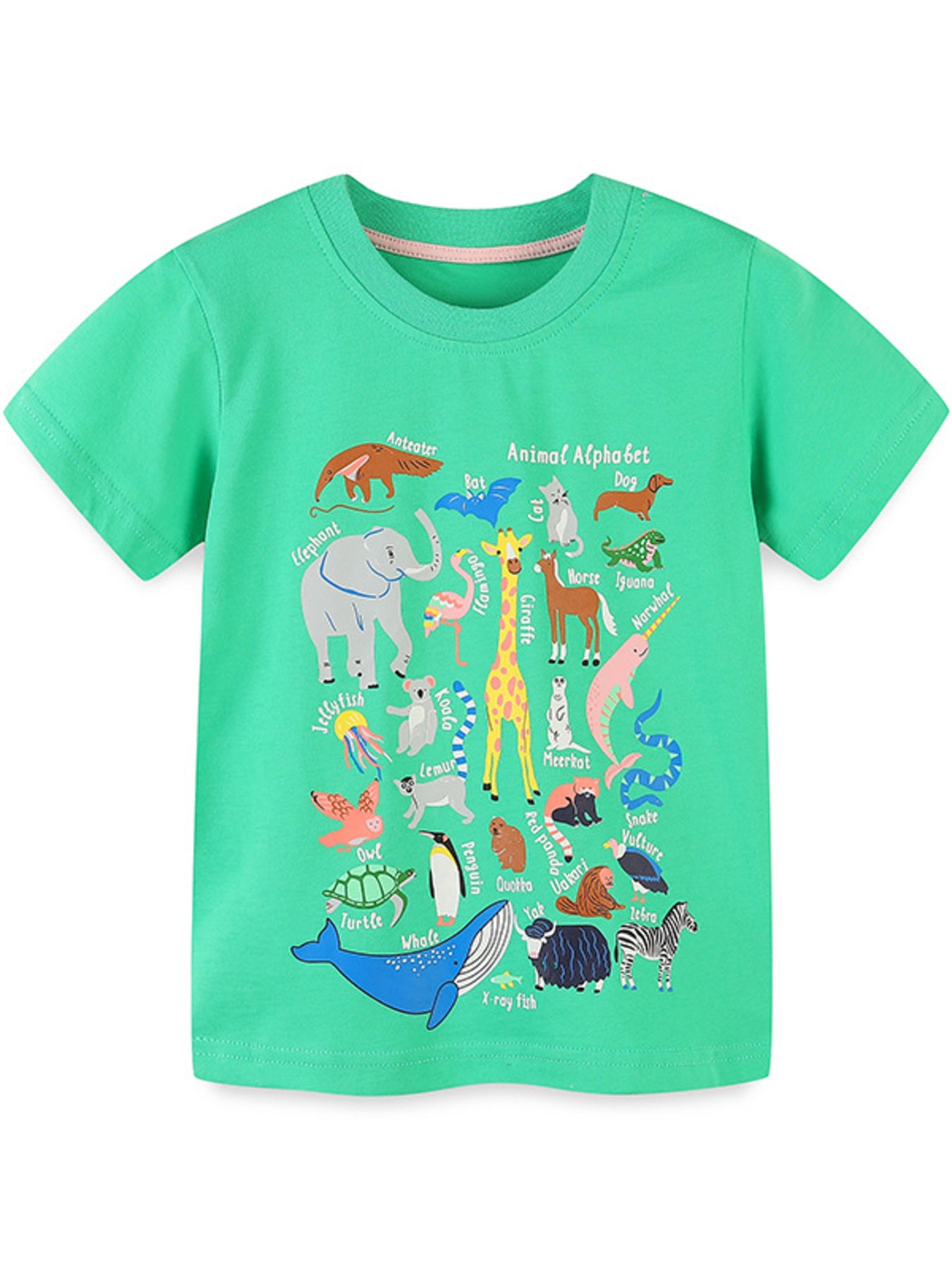 Children's neon green short-sleeve T-shirt featuring an animal print.