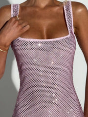 Pink rhinestone mesh bodycon mini dress, close view of bodice and straps