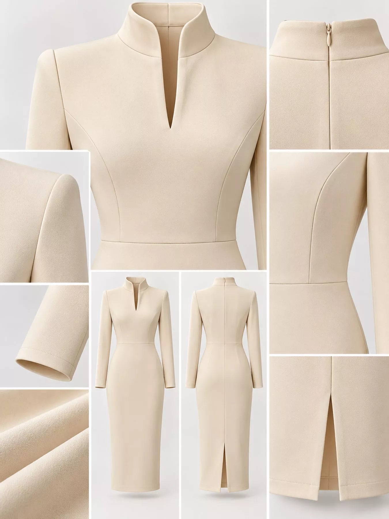 Detail collage of pale apricot stand collar midi dress showing collar, zip, seams and fabric