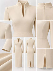 Detail collage of pale apricot stand collar midi dress showing collar, zip, seams and fabric