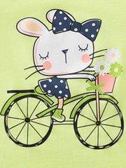 Close-up detail of the rabbit on a bicycle with a flower basket graphic