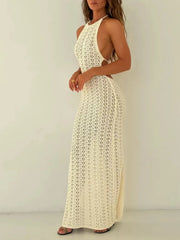 Three quarter front view of beige crochet halter neck bodycon knit cover up dress