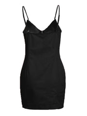Black zip front bodycon mini dress laid flat, back view showing thin straps and straight neckline