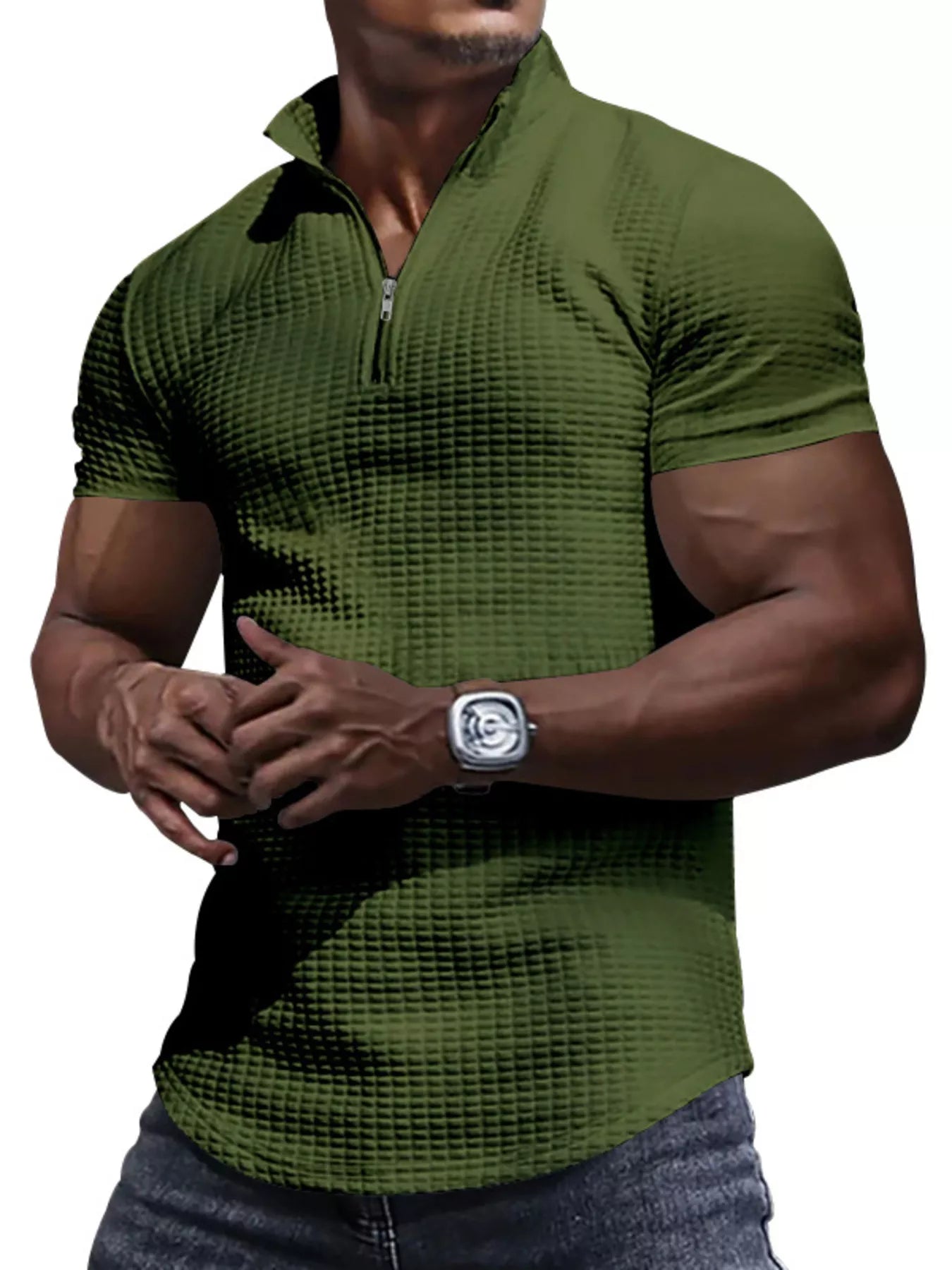 Men's waffle-knit short-sleeve polo with a zipper and slight stretch.