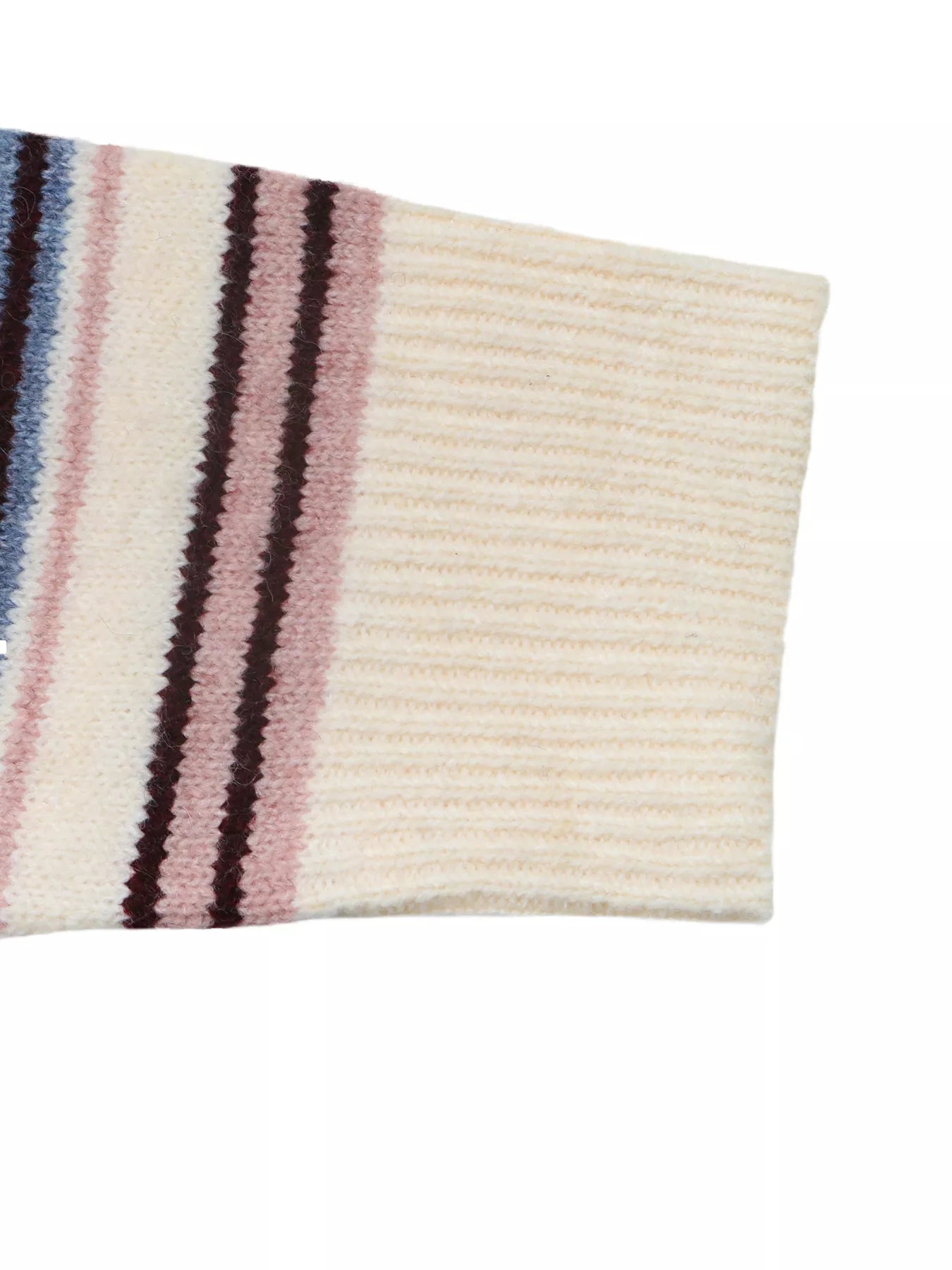Close-up of a cream ribbed sweater cuff beside pink and burgundy stripes