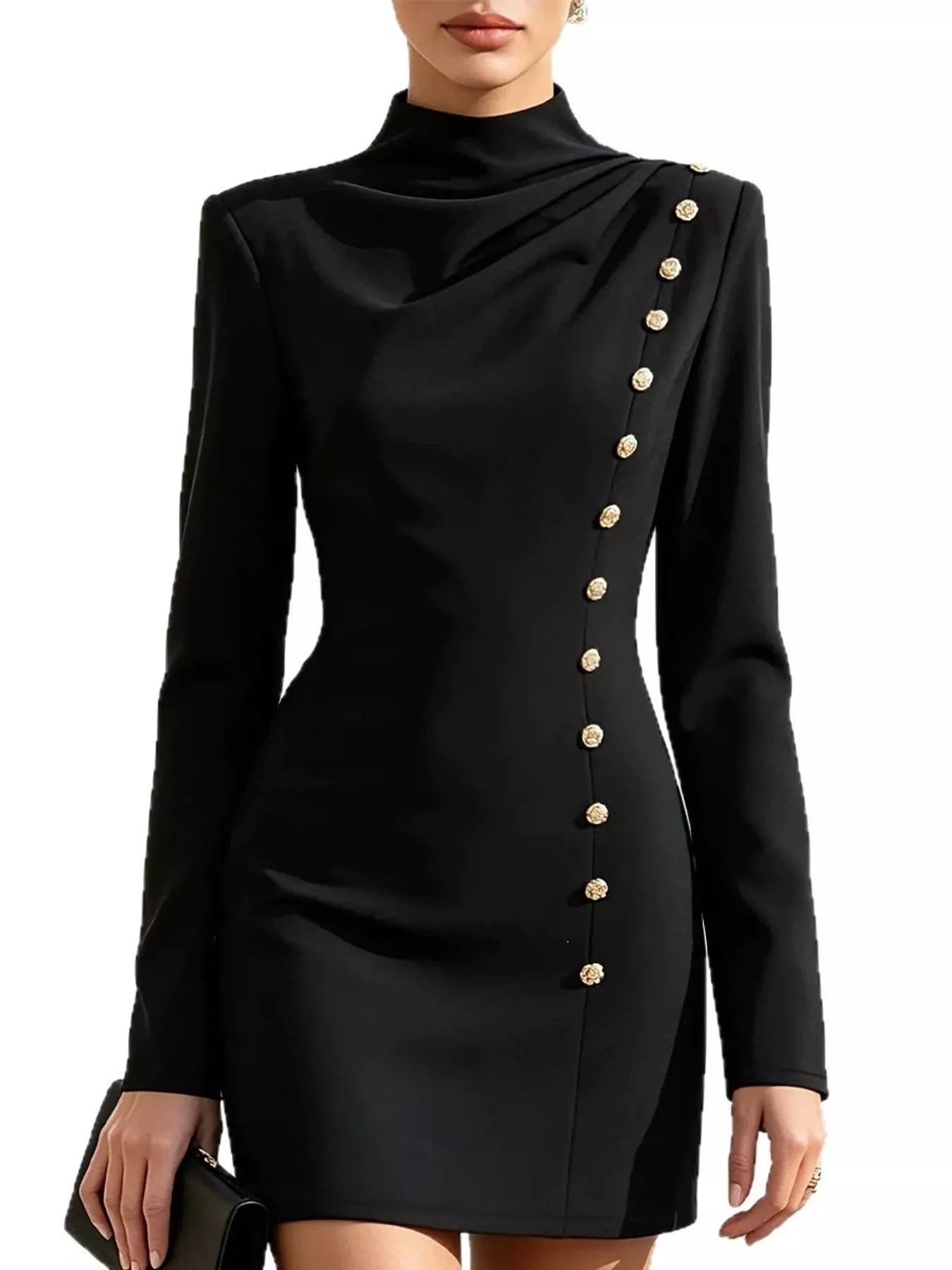Model in studio wearing black mock neck mini dress with long sleeves and gold decorative buttons