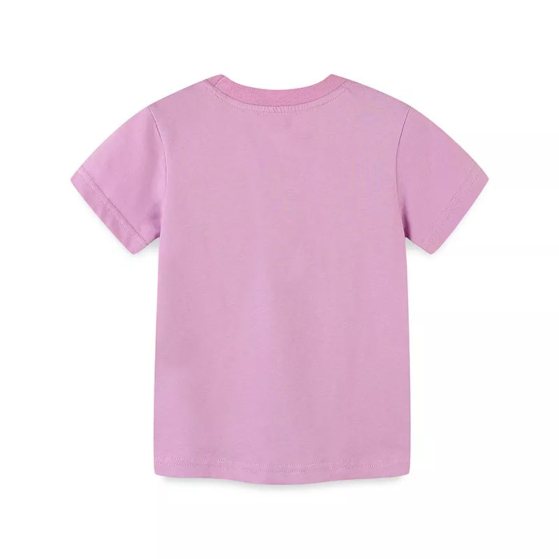 Back view of a plain dusty pink children's short sleeve t-shirt laid flat