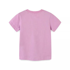 Back view of a plain dusty pink children's short sleeve t-shirt laid flat