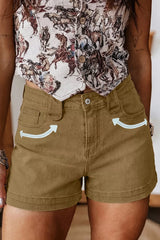 Women's coffee brown denim shorts with embroidered arrow detailing and pockets.