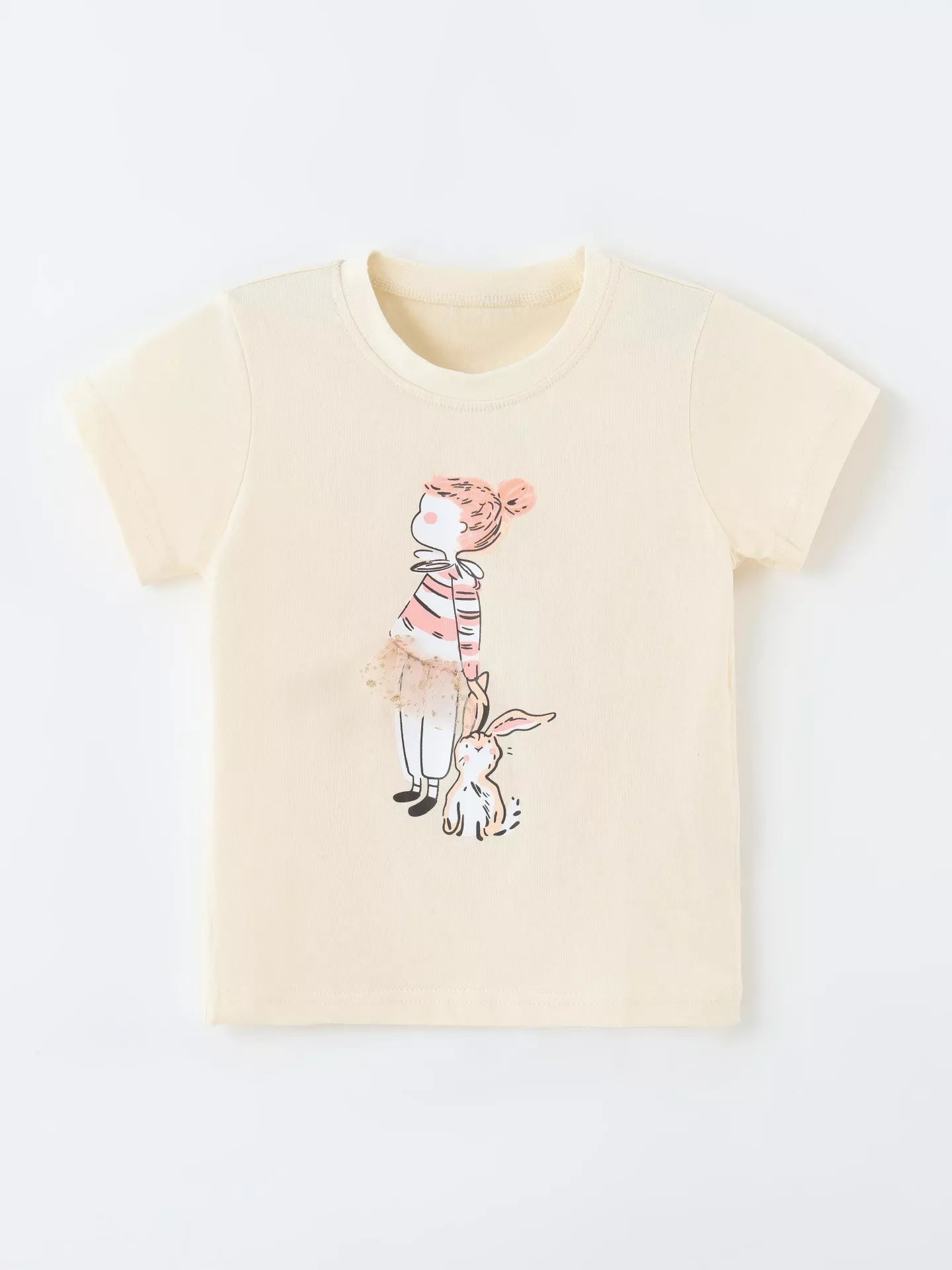 Cream children's short sleeve T-shirt laid flat showing a striped top and rabbit graphic on the front
