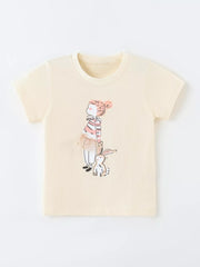 Cream children's short sleeve T-shirt laid flat showing a striped top and rabbit graphic on the front