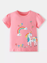 Flat lay front view of a pink children's tee with a white unicorn, rainbow, clouds and butterflies