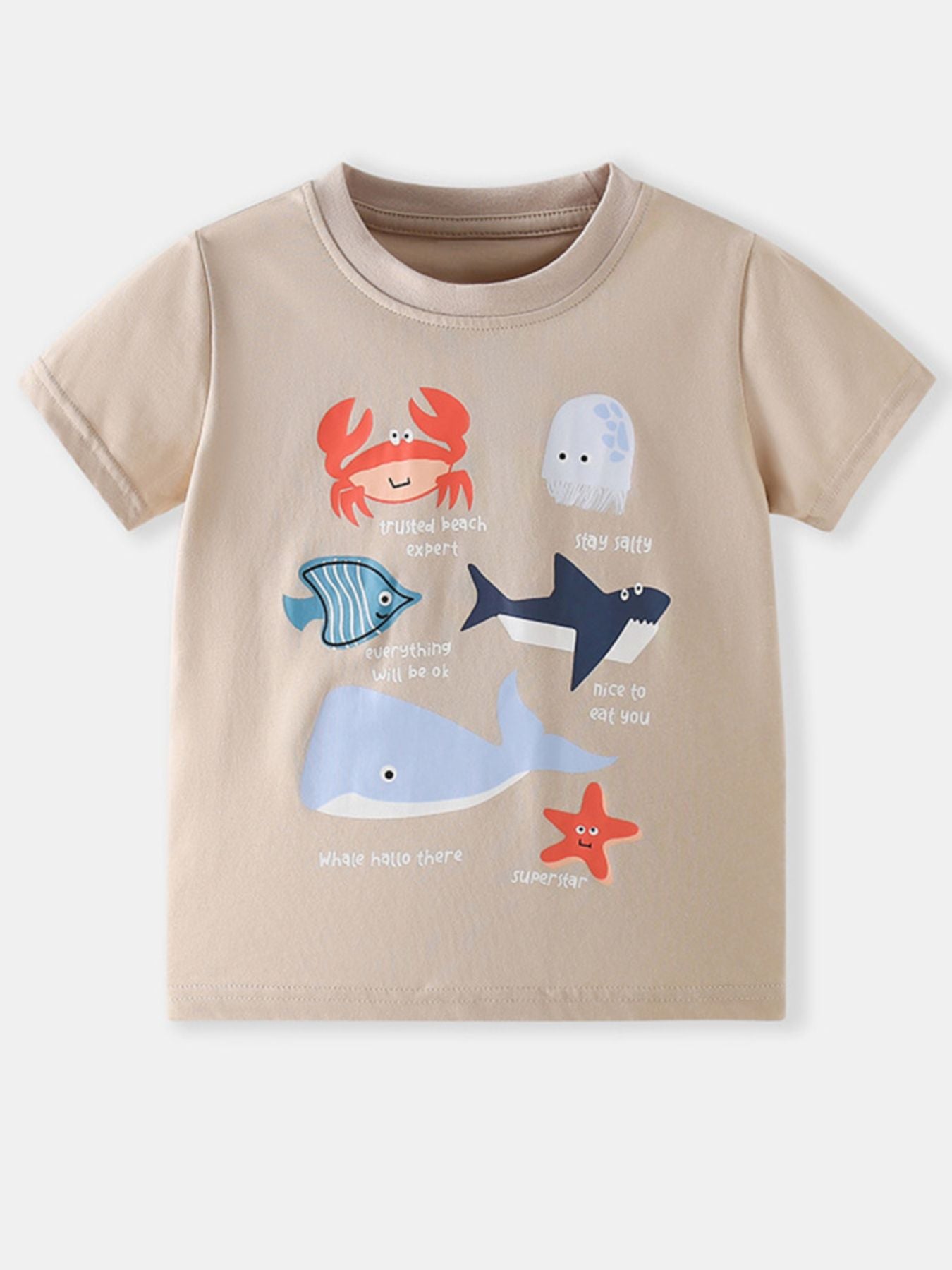 Tan children's short sleeve tee with colorful ocean animal graphics, laid flat in front view