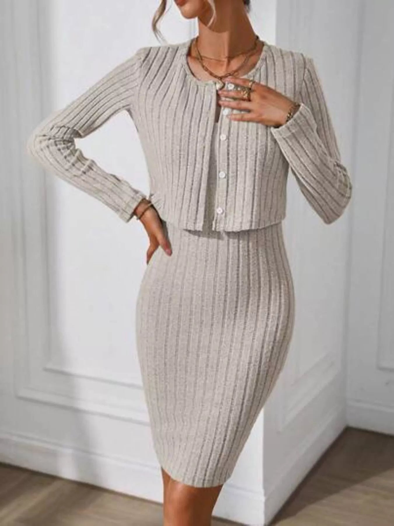 Khaki ribbed knit cami dress worn with buttoned cardigan, front view