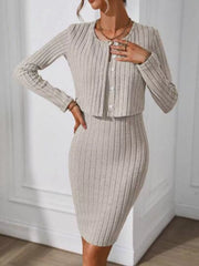Khaki ribbed knit cami dress worn with buttoned cardigan, front view