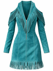 Front flat view of blue fringed cold shoulder mini dress with fringed hem