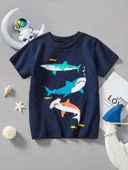 Dark navy children's short sleeve t-shirt laid flat with colorful shark and small fish print