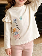 Front view of a children's white long sleeve tee with a fairy and butterfly graphic and ruffled shoulders