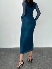 Blue tie dye long sleeve bodycon maxi dress viewed from behind on a model