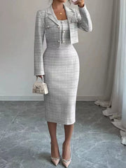 Black and white tweed square neck dress worn with the cropped cardigan, front view