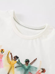 Detail view of the round neckline and embroidered ballet dancers on a children's white tee