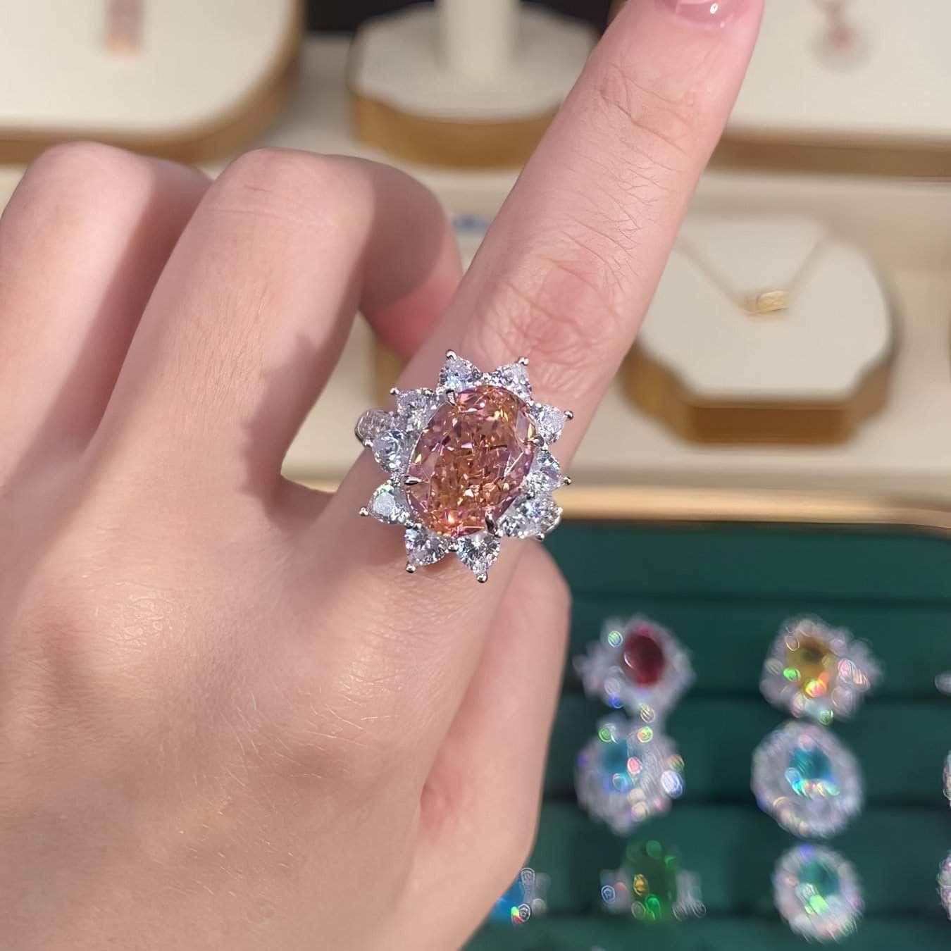 925 Sterling Silver Oval-Cut Floral Decor Lab Grown Gemstone Ring