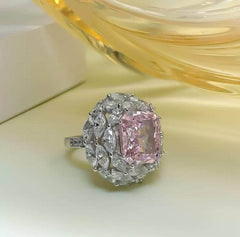 925 Sterling Silver Prong Setting Lab Diamond Pink Sapphire Emerald Cut Ring