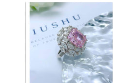 925 Sterling Silver Prong Setting Lab Diamond Pink Sapphire Emerald Cut Ring