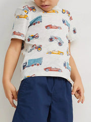 Children's light gray short-sleeve T-shirt featuring a vehicle print design.