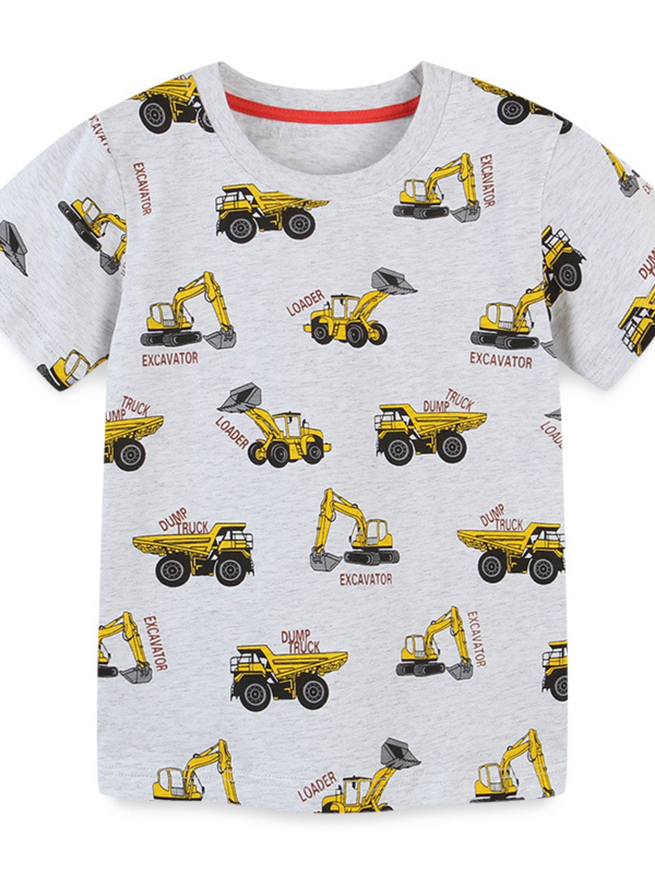 Children's gray crew-neck T-shirt featuring a construction vehicle print and short sleeves.