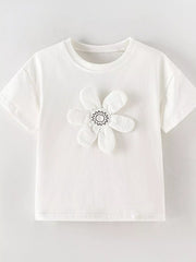 Front view of white children's t-shirt with large padded flower applique and stitched center