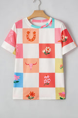 Camiseta de manga corta con cuello redondo y estampado de cuadros