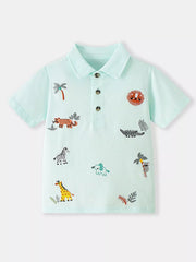 Mint blue children's polo shirt with embroidered tiger, lion, zebra, giraffe, elephant and crocodile motifs