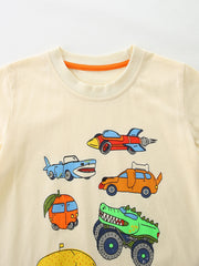 Close-up of the cream crew neckline with orange trim and upper cartoon car prints