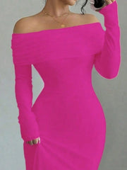 Close front view of vivid pink off shoulder bodycon maxi dress with draped neckline