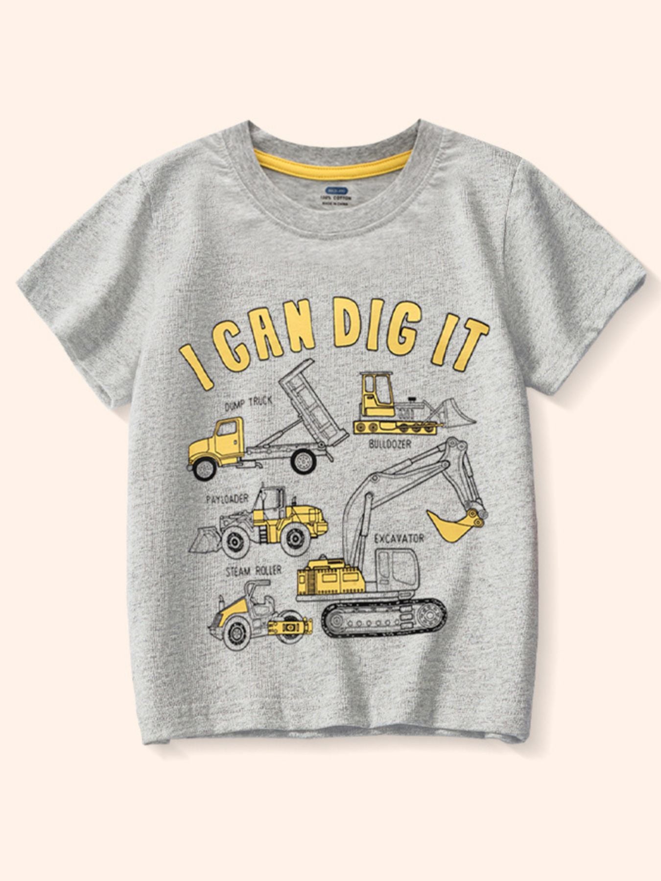 Front view of gray children's tee with yellow construction vehicles and bold lettering