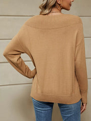 Back view of the camel dropped shoulder knit sweater with a ribbed yoke and long sleeves