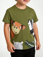 Front view of a moss green children's tee with cartoon giraffe zebra hippo and crocodile faces