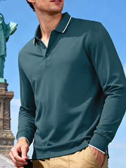Men's long-sleeve polo with contrast trim in a slightly stretchy cotton-spandex blend.