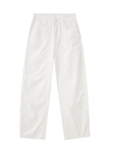 Men's white wide leg casual pants with ribbed texture and pockets.