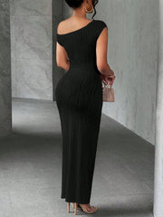Back view of a black asymmetrical one shoulder ribbed bodycon maxi dress
