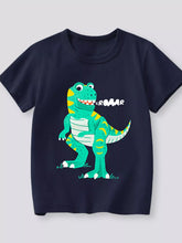 Dark navy children's short sleeve T-shirt laid flat with a green and yellow roaring dinosaur graphic