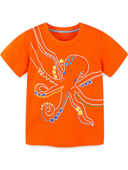 Children's orange short-sleeve T-shirt featuring an octopus graphic design.