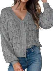 Front view of gray openwork leaf knit cardigan with V neck and button front.
