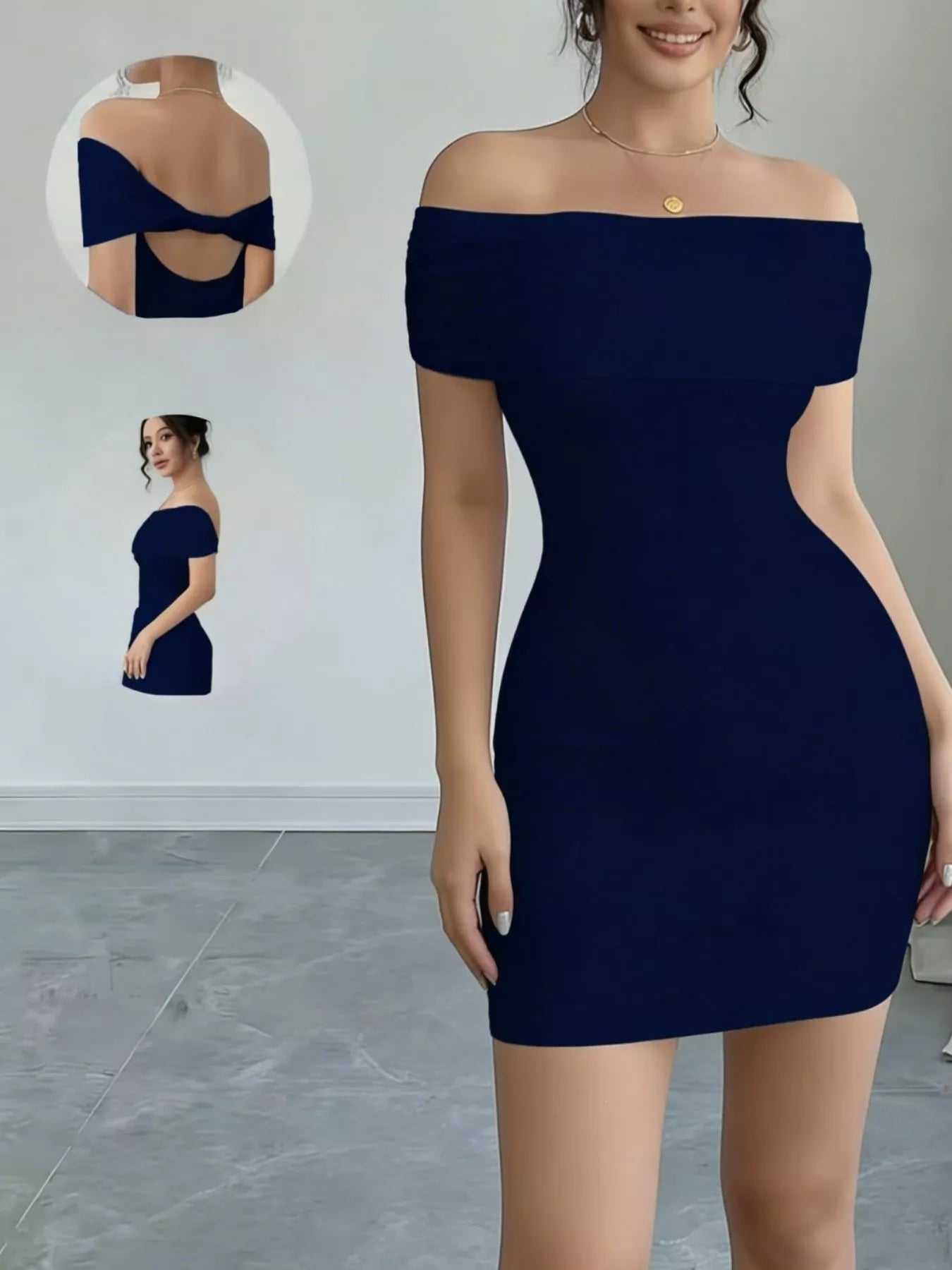 Navy blue off shoulder bodycon mini dress in full front standing view