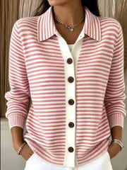 On-model front view of pink and white striped collared cardigan with brown buttons