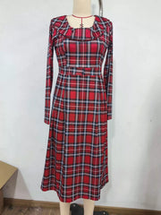 Burgundy plaid long sleeve midi dress on a mannequin, front view with cowl neckline