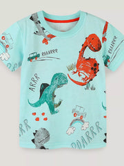 Front view of a light aqua children's short sleeve t-shirt with red and teal dinosaur prints and small vehicles
