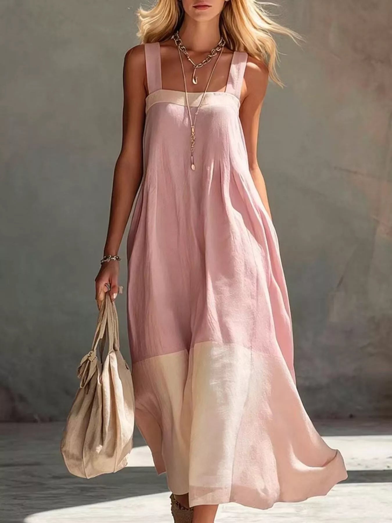 Front full length view on model of light pink color block sleeveless linen blend midi dress